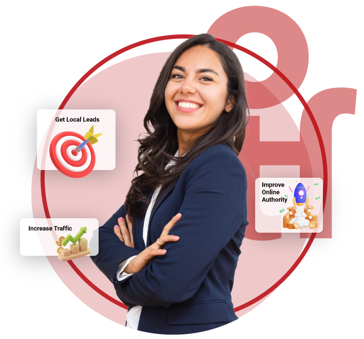 A happy Woman in business attire in front of graphics that inspire getting online leads for business and getting more traffic to your website.