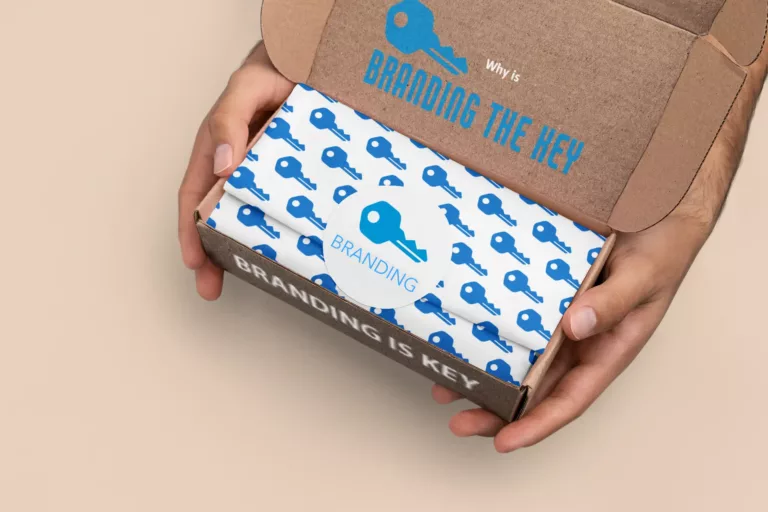 A box showing a branded item saying "Branding is Key". Illustrated with a wrapping paper showing lots of keys.
